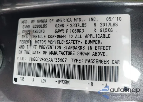 2010 Honda Accord 2.4 Lx z USA, uszkodzony, nr VIN 1HGCP2F32AA136407